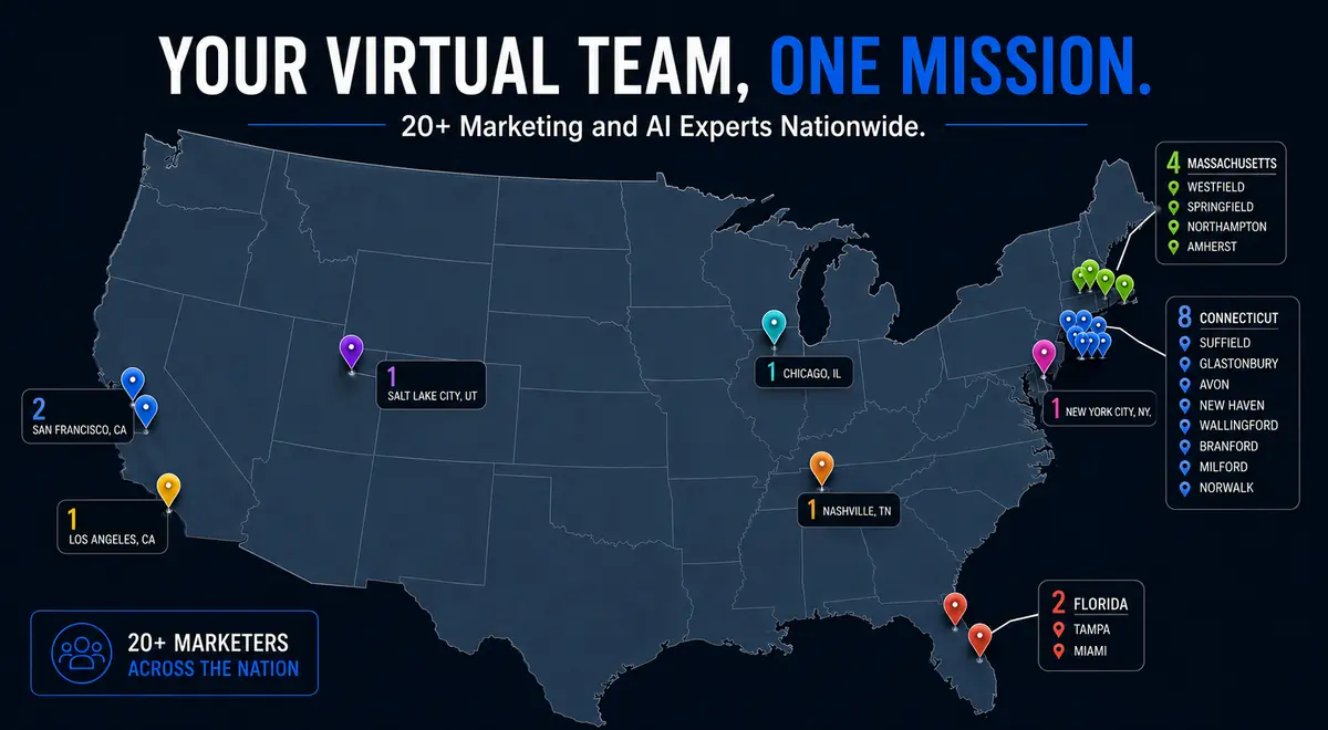 Map showing Kieffer Consulting's nationwide virtual team of more than 20 marketing and AI experts