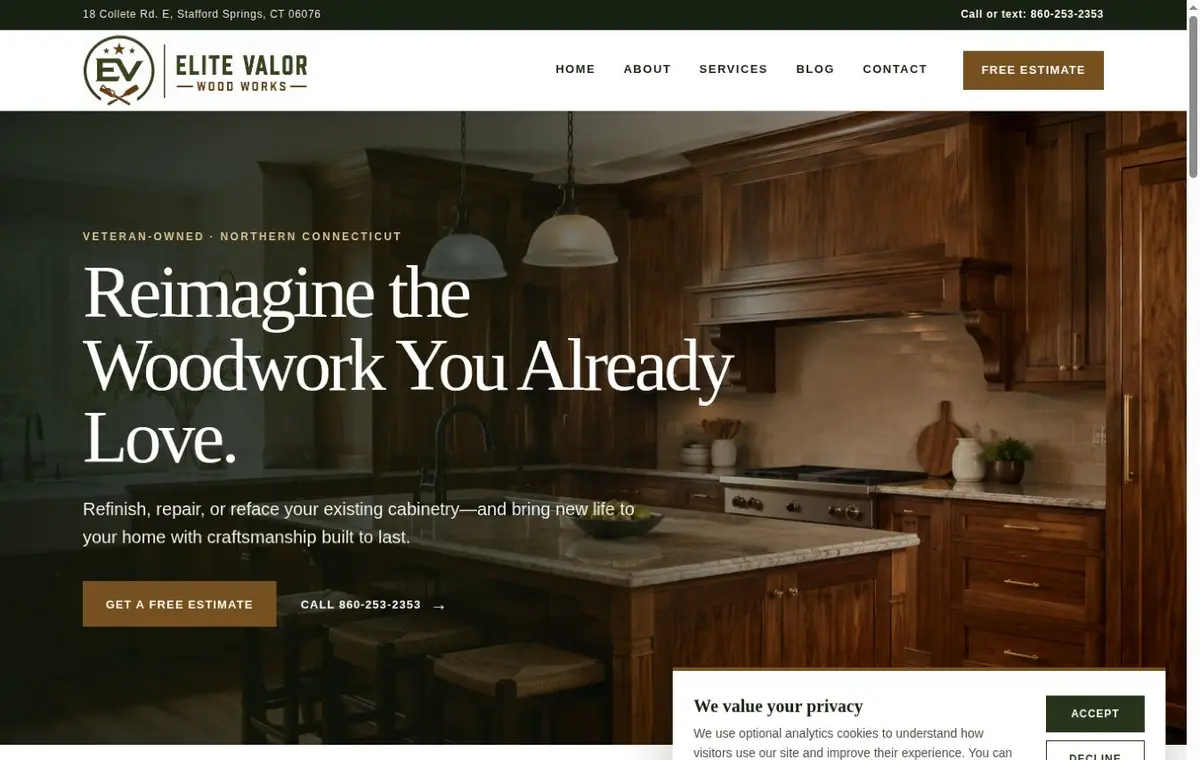 Homepage screenshot of Elite Valor Wood Works