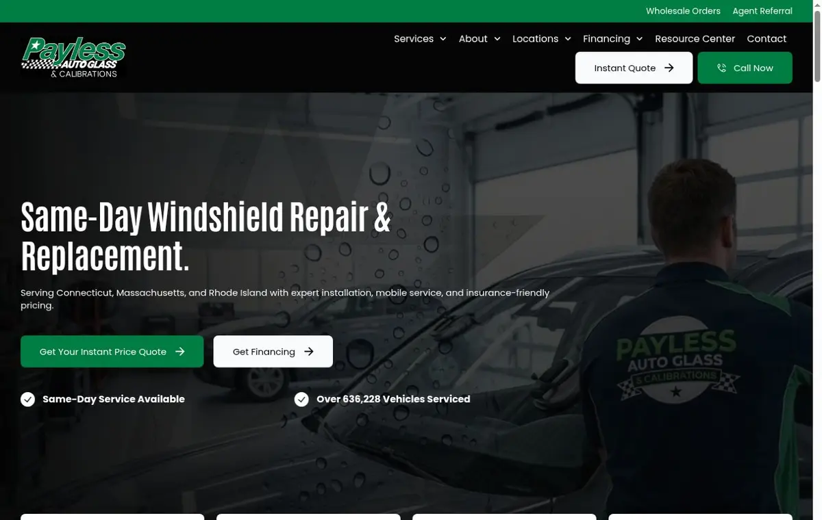 Homepage screenshot of Payless Auto Glass